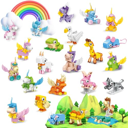 MOONTOY Cadeau Anniversaire Enfants Invités, 24 Animaux en Blocs de Construction, Mini Licorne Jouet de Construction, Calendrier de l'avent, Sac Cadeau pour Enfants de 3 à 12 Ans Garçons Filles