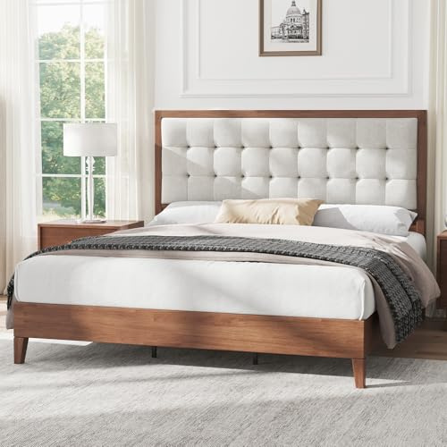 LUXOAK Massivholzbett 140x200 cm aus Kiefernholz mit 124 cm hohem gepolstertem Kopfteil, stabiles Holzbett mit Lattenrost, modernes Doppelbett im Walnuss-Look aus Leinenstoff, ohne Matratze