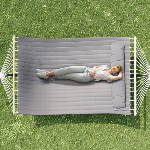 GarveeMore Doppelhängematte mit Gestell 59 Zoll, 2 Personen Hängematte Outdoor bis 215 kg belastbar, Gepolsterte XXL Hängematte mit Kissen, Stahlgestell, Werkzeugfreie Montage, grau