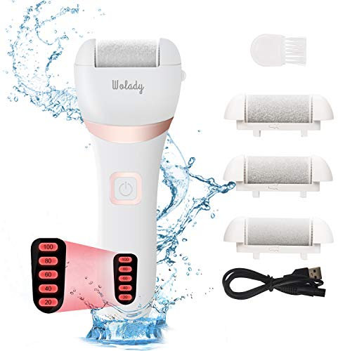 Lima Electrica Pedicura Profesional Recargable Wolady IPX7 Impermeable Eliminar Callos Pies Durezas Cuidado Lima Blanca de Metal, 3 Recambios 5 Niveles Bateria 1200MAH 2 Velocidades