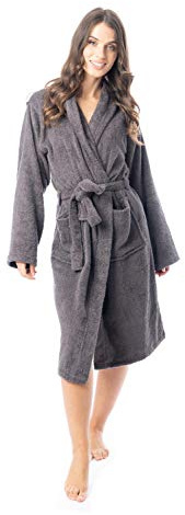 Daisy Dreamer Womens Robe Luxury Terry Towelling 100% Cotton Dressing Gown Bathrobe Highly Absorbent Ladies Hooded Bath Wrap, Charcoal 16-18
