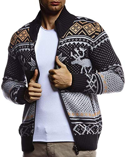 Leif Nelson Herren Strickjacke Stehkragen Norwegerjacke Schwarze Winterjacke Freizeitjacke Männer Jacke für Weihnachten Winter Norweger Muster Übergangsjacke Slim Fit LN20759 XXL Anthrazit