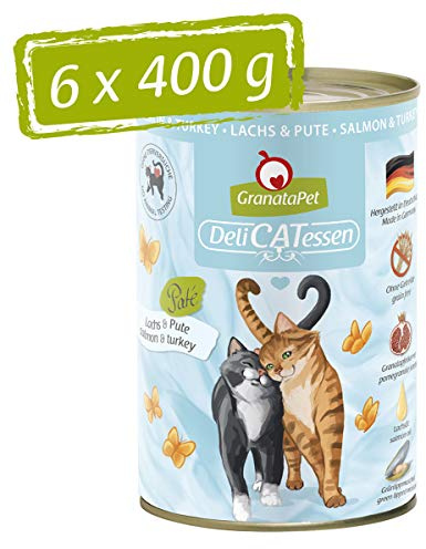 GranataPet DeliCatessen Lachs & Pute, Nassfutter für Katzen, Katzenfutter für Feinschmecker, Futter ohne Getreide & ohne Zuckerzusätze, 6 x 400 g