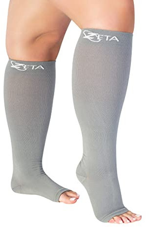 Zeta Wear Kompressionsstrümpfe Dicke Waden, Damen, Beruhigende Bequeme enunterstützung, Verhindert Schwellungen, Schmerzen, Ödeme, DVT, Große Manschetten, Den mit Offener Spitze, Grau, 3XL