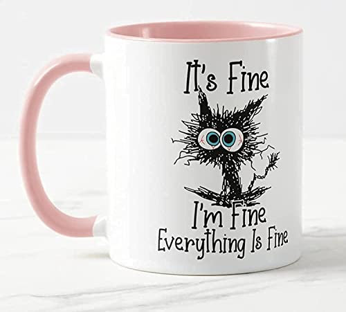 Vixar Its Fine I'm Fine Everything is fine Cat Joke Coloured Mug Cup Gift Birthday Work Office Christmas Tea Coffee (Pink)