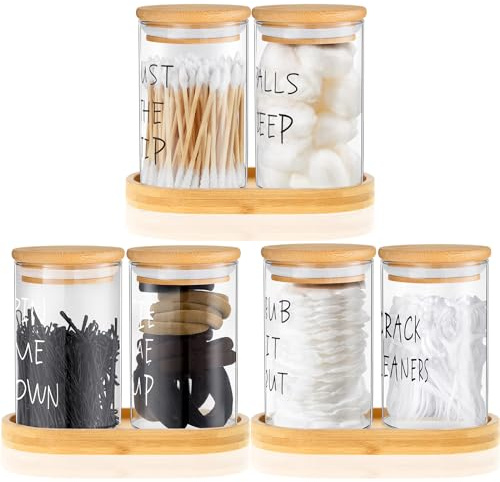 Tessco 6 Pcs Cotton Ball Holder Apothecary Jars with Lids Glass 3 Pcs Bamboo Tray Oval Plate Bathroom Decor Clear Cotton Ball Holder Bathroom Organizer Countertop Bathroom Storage Containers