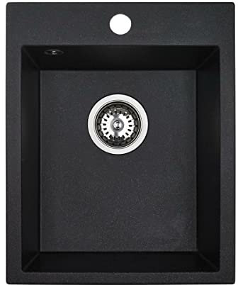 VBChome Spülbecken 48 x 39 cm Einzelbecken Schwarz Granit Rechteckig Einbauspüle Gesprenkelt Großes Tiefes Becken Granitspüle + Siphon