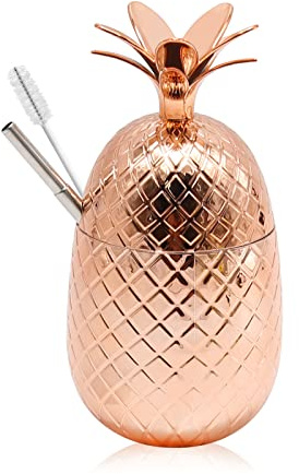 UOIENRT Moscow Mule Becher, 450 ml Kupferbecher mit Ananas-Form & Deckel & Strohhalm Kupferbecher Mule Becher für Cocktail, Kaffee, Milch (Bronze)