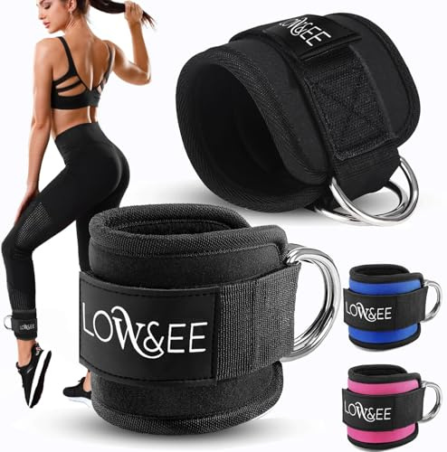 LOW&EE® 2er-Pack Fußschlaufen (gepolstert) - für Fitness Training am Kabelzug - Ankle Straps für Frauen und Männer - Fußkettchen für Riemenscheiben für Fitnessstudio (schwarz)