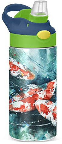 KAAVIYO Kunst Japanischer Fisch Wasserflasche Edelstahl Isoliert Vakuumflasche Lecksichere Thermoskanne mit Stroh Bürstenbecher 350ml für Jungen Mädchen