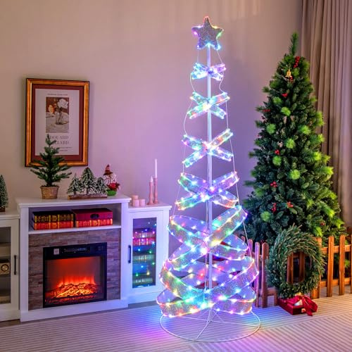 COSTWAY LED Spiral Weihnachtsbaum, 210cm beleuchteter Tannenbaum, 341 LEDs, 34 Lichtmodi, klappbar, Led Lichterbaum Spiralbaum mit Stern, Christbaum aus Polyester Metall, Weihnachtsdeko Innen Außen