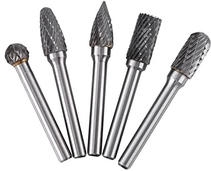Carbide Burr Set, 5Pcs Carbide Drill Bits 6mm Shank Die Grinder Bits Metal Grinder Metal Drill Bit Sharpener for Steel, Wood Carving Tools Rotary Tool