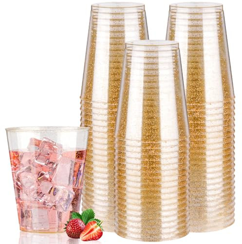 Goodluck 50PCS Gold Glitter Plastic Cups,10oz Reusable Gold Party Cups, Elegant Plastic Cocktail Glasses, Fancy Party Cups for Wedding, Birthday, Holiday