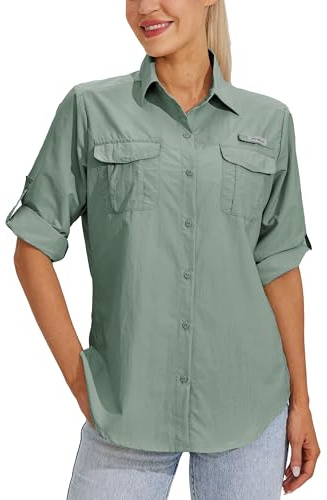 WILLIT Damskjorta, vandringsblus, UPF 50 UV-skjorta, långärmad, funktionell skjorta, safari, fiske, SPF, snabbtorkande skjortor, vandring, utomhus, Salvia grön, M