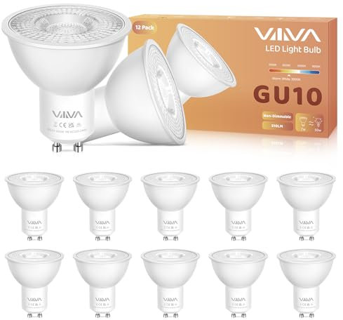 VIIIVA GU10 Led Bulbs Warm White-12 Packs,7W 3000K Spotlight Light Bulb, (50W Equivalent) Energy Saving, CRI>80, 510LM, 38° Beam Angle, Non-Flicker, Non-Dimmable, for Home Lighting