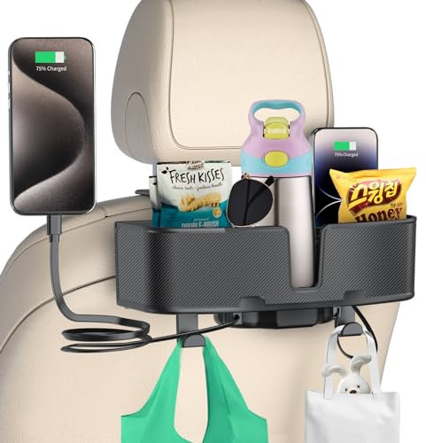 OHLPRO Car Headrest Cup Holder for Back Seat Organizer, Type-c/Lightning Retractable Charging Cable, Car Seat Back Storage Box with Drink Cup Holder, Road Trips, Travel Accessories