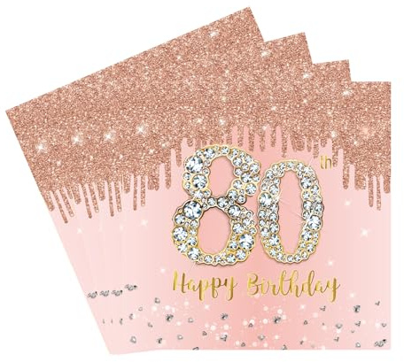 Rosa Servietten 80. Geburtstag Frau, 20 Stück 33 X 33cm Happy Birthday Papier Servietten 80 Deko, 2-Lagig Cocktail Serviette 80 Geburtstag für Feier Jubiläum Tischdekoration