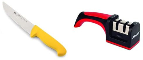 Arcos Cuchillo Carnicero la Serie 2900 7 pulgadas Acero Inoxidable Nitrum, Cuchillo Carne, Mango Polipropileno, Amarillo & Afilador Profesional con Mango Ergonómico de Uso Manual Rojo y Negro