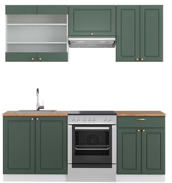 Vicco Küchenzeile Fame-Line, Grün-Gold Landhaus/Weiß, 200 cm | 5 Module · Höhenverstellbare Füße · AP Eiche inkl. · MDF-Fronten · Softclose · Metallgriffe