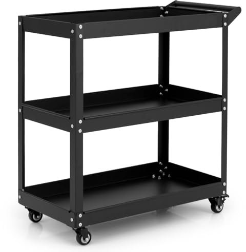 COSTWAY 3 Tiers Tool Trolley, Heavy Duty Metal Service Cart with 3 Spacious Shelves, Handle and Lockable Wheels, Rolling Workshop DIY Storage Trolley for Garage Restaurant Kitchen (Black)