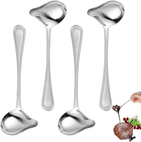 4 Pezzi Mestolo per Salsa in Acciaio Inossidabile, 20,5Cm Cucchiaio Sugo Manico Lungo, Cucchiaio Saucier con Beccuccio, Cucchiaio per Condimenti, per Zuppe, Salse, Stufati e Altro
