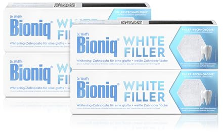 Bioniq Dentifricio White Filler, 4 x 75 ml, dentifricio sbiancante delicato con idrossiapatite, protegge e rafforza lo smalto dei denti, per denti lisci e bianchi, non scolorisce, senza fluoro