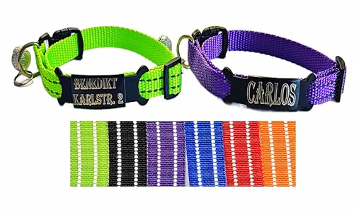 2X personalisiertes Katzenhalsband personalisiert mit Name graviert Katze Halsband reflektierend Leuchtend aus Nylon mit Glöckchen (Lila und Neon Gelb)