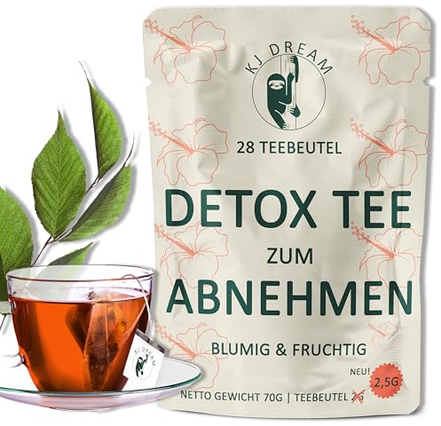 KJ Dream Detox Tee zum Abnehmen - Sanfte Kräutermischung mit Lotusblatt, Oolong & Hibiskus - Unterstützt Fettabbau, Entwässerung, Verdauung & Hormone in den Wechseljahren - 100% Vegan (28 Teebeutel)