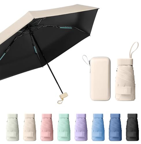 Sykrawki Mini Paraguas Plegable Portátil, Protección UV y Antiviento con Cubierta de Cápsula, Paraguas de Viaje Compacto para Hombres y Mujeres (Beige)