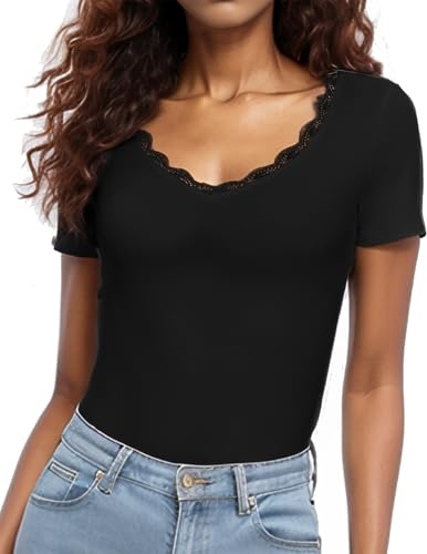 WOWENY Spitzen Oberteile Damen Kurzarm Sommer Elegant Spitzentop V Ausschnitt T-Shit Slim Fit Sexy Bluse