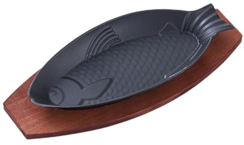 Glixoft Sartén para Parrilla En Forma De Pescado con Base De Madera, Plato para Freír De Hierro Fundido, Sartén Antiadherente para Carne, Pescado, Tocino Y Verduras