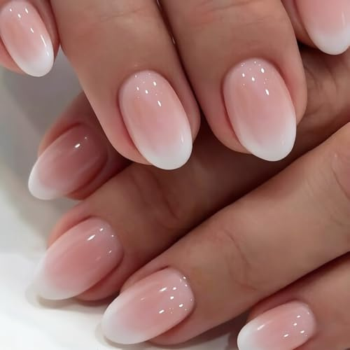 KQueenest Ombré Rosa Weiß Press On Nails Kurz, Acryl Nägel zum Aufkleben Kurz Runde, Fake Nails Mandel Französisch Fingernägel Glänzende Gel Kunstnägel für Frauen Alltagstauglich 24 Stück
