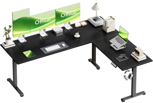 OffiGo Hörnskrivbord Reglerbart L-format, 180 x 140cm, Svart | Elektriskt höjdjusterbart skrivbord, L-format