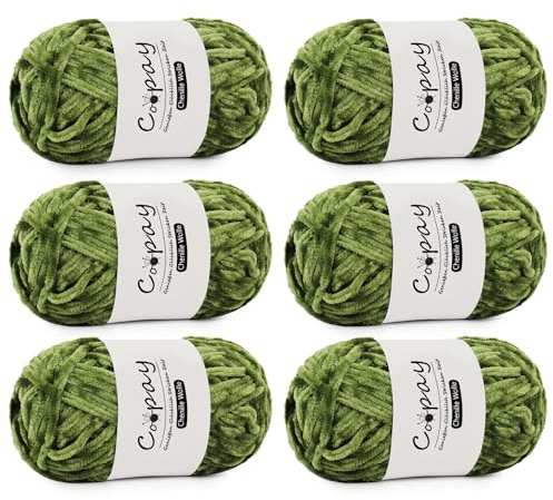 Coopay Chenille Wolle zum Häkeln, 6x100g Weiche Samtig Chenillegarn, Flauschige Dicke Wolle zum Stricken, Warme Plüschwolle Häkelgarn für Decken, Schals, Mützen - Olivgrün