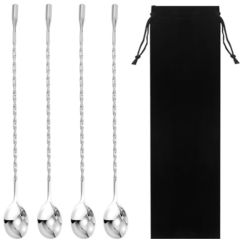 4 Pièces Cuillère à Cocktail en Acier Inoxydable Cuillères à Mélanger Longue Spirale Manche Cuillères à Gin pour Martinis Café Bar Cocktail Shaker Agitateur (30 cm)