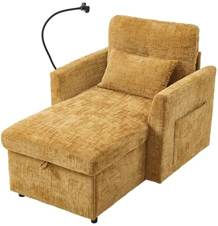 HAINEW Loungefåtölj, sovfåtölj, enkelsoffa med lagringsutrymme och mobiltelefonhållare, relaxfåtölj, TV-fåtölj, bäddsoffa, klädselfåtölj för vardagsrum, sovrum, 84,5 × 125 × 87 cm, chenille-tyg (gul)