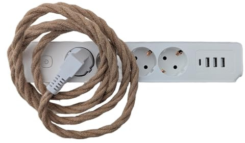 Retro 4-Fach Verlängerungskabel 2m mit geflochtenem Stoffmantel – 16A Vintage Steckdosenleiste, gedrehtes Textilkabel, nostalgisches Design, TUV/GS/CE geprüft – in 5 eleganten Farben (Palace Clay)