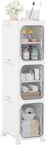 HOMIDEC Bathroom Storage, 3 Tier Narrow Bathroom Cabinet with Wheels and Removable Shelf, Slim Bathroom Storage Unit Free Standing for Toilet Roll, Towel, Shower, Clear Smoke