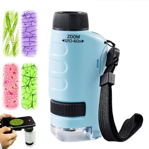 Microscope Enfant Portable, 60x - 120x Microscope de Poche Éclairé par LED, Mini Scope pour étudiants avec 12 Lames, Petit Scope Enfant pour l'observation Biologique (Bleu)