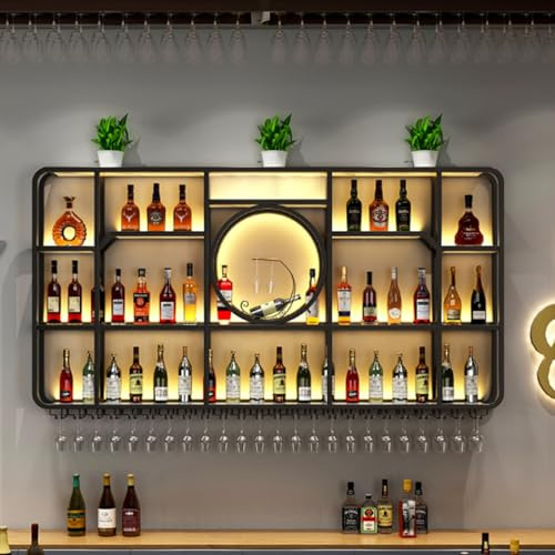 Generico Portabicchieri da Vino Rustico da soffitto, Regolabile, per Diversi Tipi di calici, portabottiglie da Parete in Ferro Industriale a 3 Livelli, con luci a LED e portabicchieri, Ideale per Cuc