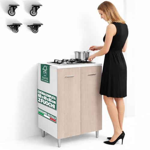 Shally Dogan Mobile Base da cucina a 2 ante 60 x 40 x 85 cm completo di Piano Cottura a 2 Fuochi, Piastre in Ghisa Resistenti, Montaggio con Piedini Fissi o Ruote, Kit completo pronto all'uso (Olmo)