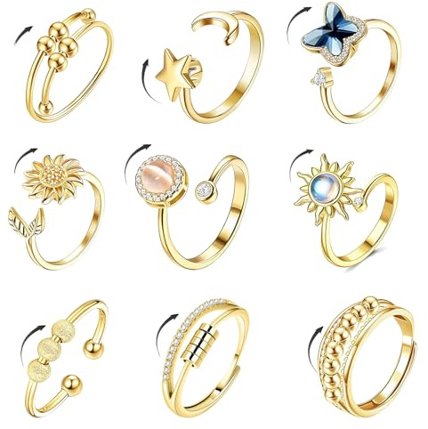 Lwezgi 9 Teiliges Damen Anxiety Ring Set, Verstellbare Öffnung, Fidget Rings mit Perlen Spinner, Romantisch Antistress Ring, Anti Angst Ring für Paare, Geeignet für Männer und Frauen