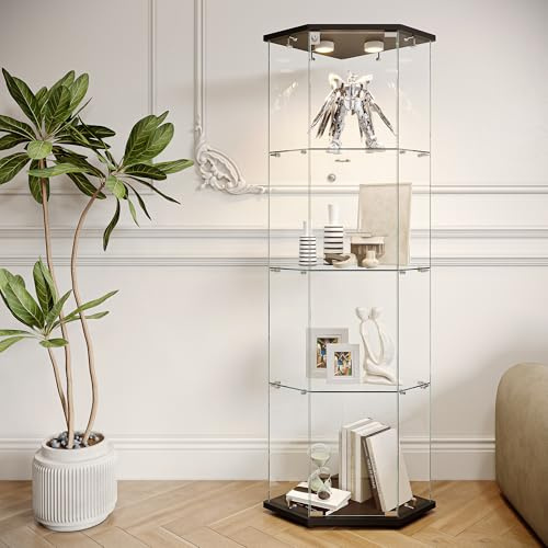 TDRTRD Vetrina angolare in vetro con LED,Vetrina da collezione pentagonale,Armadio da collezione a 4 strati con 1 anta e serratura,Vetro temperato Armadietto per vetri in piedi (nero-A, 60 x 40 x 162