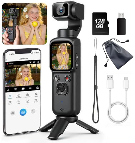 4K Handheld Vlogging Camera with WiFi, Outdoor Pocket Gimbal Camera, 330° Rotating Lens Handheld Video Camcorder, 64MP Fast Focusing Face Tracking, 3-Axis Stabilizer for Travel Vlog (Black, 128G)