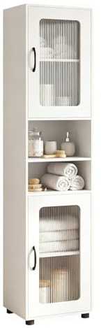 LIFEZEAL Armoire de Salle de Bain Haute 170cm, Meuble de Rangement avec 2 Portes Vitrées Transparentes, Étagères Ajustables, 2 Compartiments Ouverts, Colonne pour Salon, Cuisine WC, Charge70kg (Blanc)