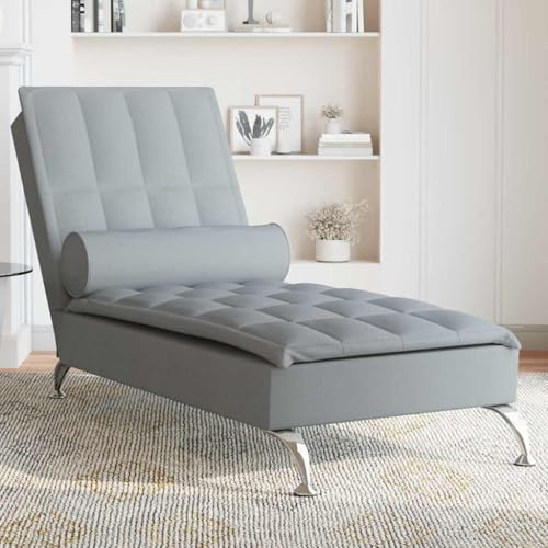 Kaloriko Chaise longue de massage gris clair avec traversin de nuque, housse en tissu 138 x 56 x 75 cm, fonction massage USB, pieds en métal chromé, rembourrage pour salon, salon et coin lecture