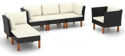 QJBSAVVA 6-TLG. Garten-Lounge-Set aus Poly Rattan & Eukalyptusholz in Schwarz - Wetterfestes Ecksofa Set für Garten, Terrasse & Balkon - Inklusive Sitzpolster & Rückenkissen
