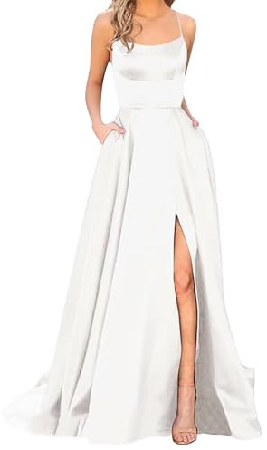 FlutVolt Balklänningar axellösa klänningar kvinnor långa eleganta bröllop A-linje criss-cross satin spagettirem fest bal maxiklänning aftonklänningar slits bröllop formell paljett för kvinnor, Vitt, M