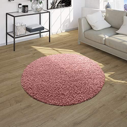Paco Home Tappeto Salotto Moderno Soggiorno Pelo Lungo Peloso Monocolore Moderno Tappeto Morbido, Colore:Rosa, Dimensione:Ø 160 cm tondo