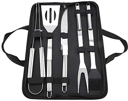 5pcs / Set Outils de Barbecue en Acier Inoxydable Barbecue kit Couteau Fourchette Pelle Pinceau Clip avec Sac Oxford pour Camping en Plein air Barbecue